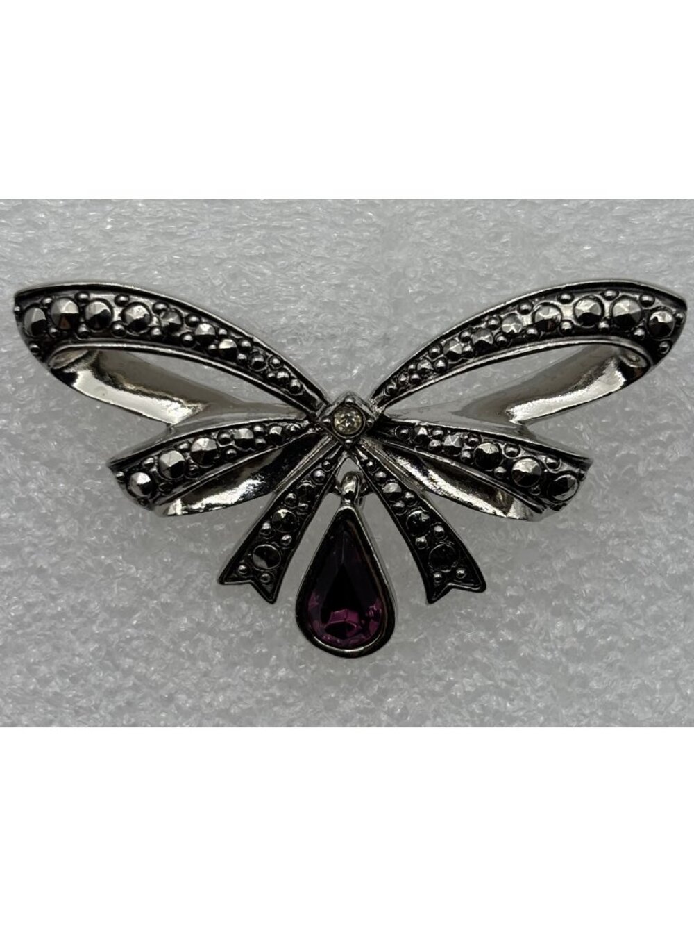 Vintage Avon Birthday Bow Brooch Pin February Faux Amethyst Teardrop Silver Tone